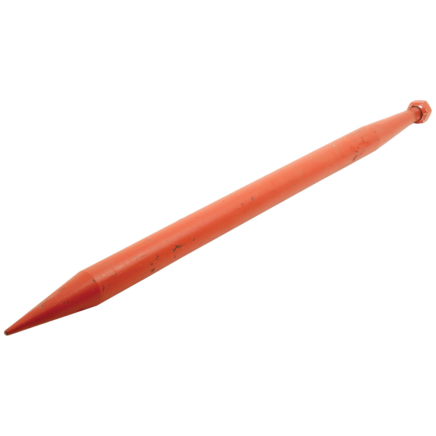 The Sparex Loader Tine - Straight 980mm, featuring a round M28 x 1.50 thread size, is an orange metal tool with a pointed end and a hexagonal top, designed for maximum torque.