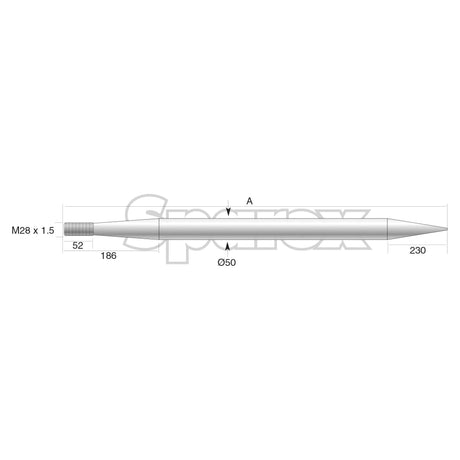 The technical drawing depicts the Sparex Loader Tine - Straight 980mm (S.22891) with tapered ends and a special conus, showing dimensions of 52mm, 186mm, and 230mm from left to right. The central section has a diameter of 50mm and features an M28 x 1.50 round thread size.