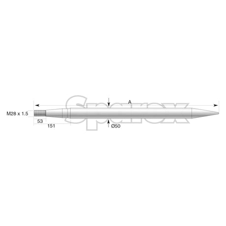 Technical drawing of the Sparex Loader Tine - Straight 815mm with dimensions marked: length 151, diameter 50, and an M28 x 1.5 thread on one end (S.22892). The design features a Special Conus to ensure maximum torque efficiency.