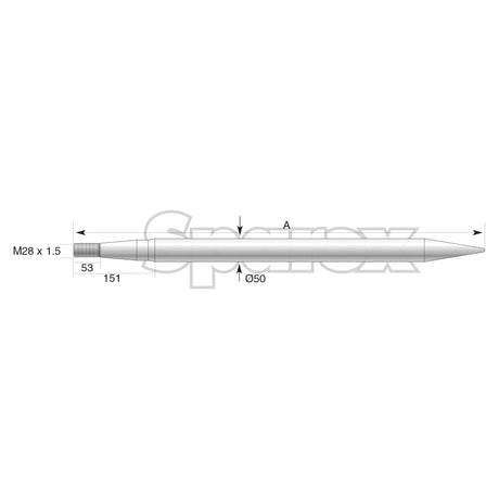 Technical drawing of the Sparex Loader Tine - Straight 880mm (S.22893) with various measurements labeled in millimeters, including the total length and diameters at different segments, specially designed for optimal Maximum Torque applications. Features include a thread size of M28 x 1.50 (Round).