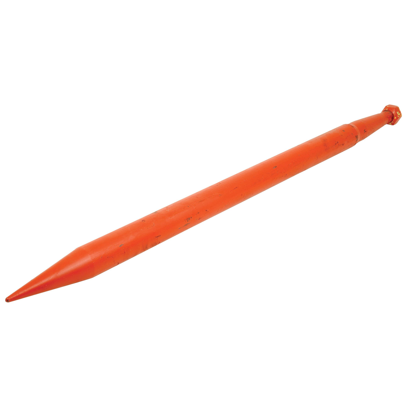 This Sparex Loader Tine - Straight 970mm, with a round thread size of M28 x 1.50, features an orange steel design, a pointed end ideal for driving stakes or use as a chisel, and is compatible with model number 1000827 (Sparex Part No.S.22894).