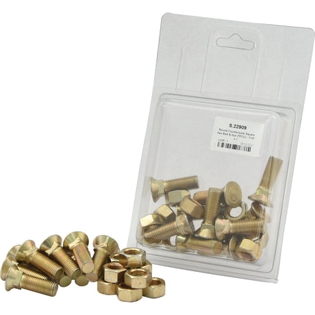 A package of Sparex Round Countersunk Square Hex Bolt & Nut (TFCC) - 7/16'' x 1 3/8'' with a tensile strength of 8.8 (10 pcs. Agripak), with some of the pieces displayed in front of the packaging.