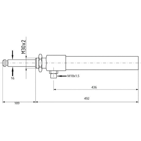 Technical drawing of a cylindrical mechanical part with dimensions labeled, including lengths 189 mm and 492 mm, along with diameters M30x2, 16 mm, and M18x1.5. The Metaltecnica product specifications ensure clarity for accurate tariff code classification. This pertains to the Gas Hydraulic Ram 6'' (Sparex Part No. S.22923) by Sparex.