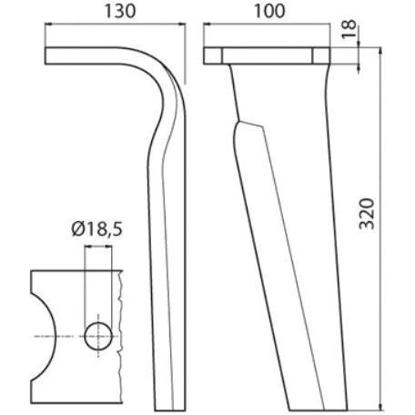 Power Harrow Blade 100x18x320mm RH. Hole centres: mm. Hole⌀ 18.5mm. Replacement forKverneland.
 - S.22925 - Farming Parts