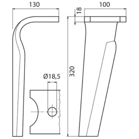 Power Harrow Blade 100x18x320mm LH. Hole centres: mm. Hole⌀ 18.5mm. Replacement forKverneland.
 - S.22926 - Farming Parts