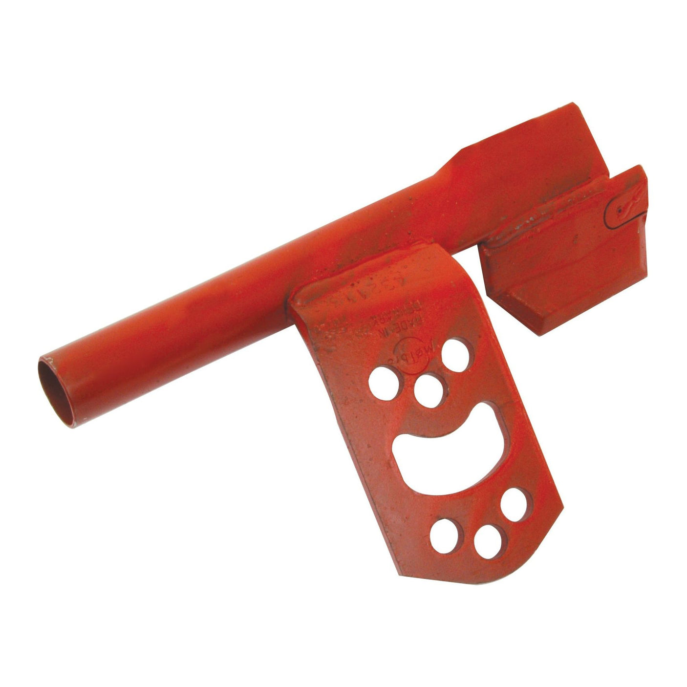 This Seed Coulter RH by Sparex, designed as a replacement for Vaderstad part number 432119 (Sparex Part No. S.22929), features a red metal component with a cylindrical section, a flat section with multiple holes, and an angled edge. The surface includes stamped markings, making it perfect for your maintenance needs.