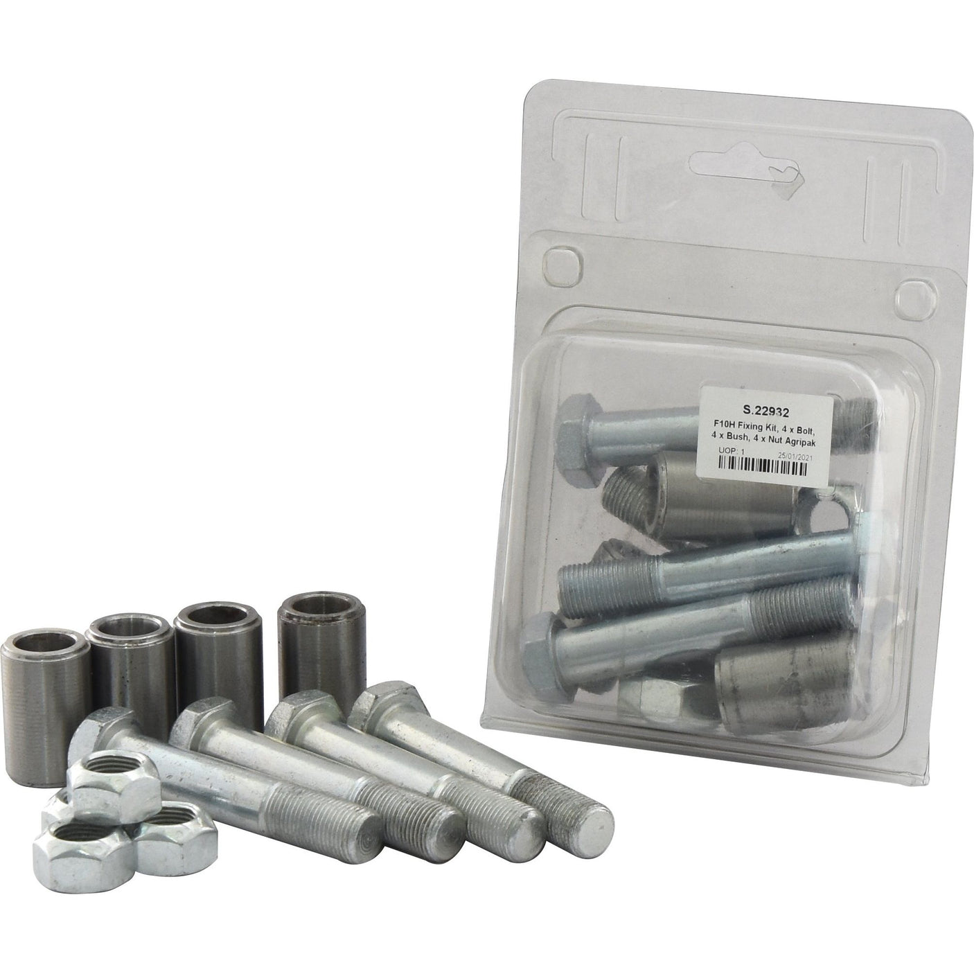 A package labeled as the Sparex F10H Fixing Kit (Sparex Part No. S.22932), containing 4 bolts, 4 bushes, and 4 nuts (Agripak), with additional loose bolts, nuts, and metal sleeves placed beside it.