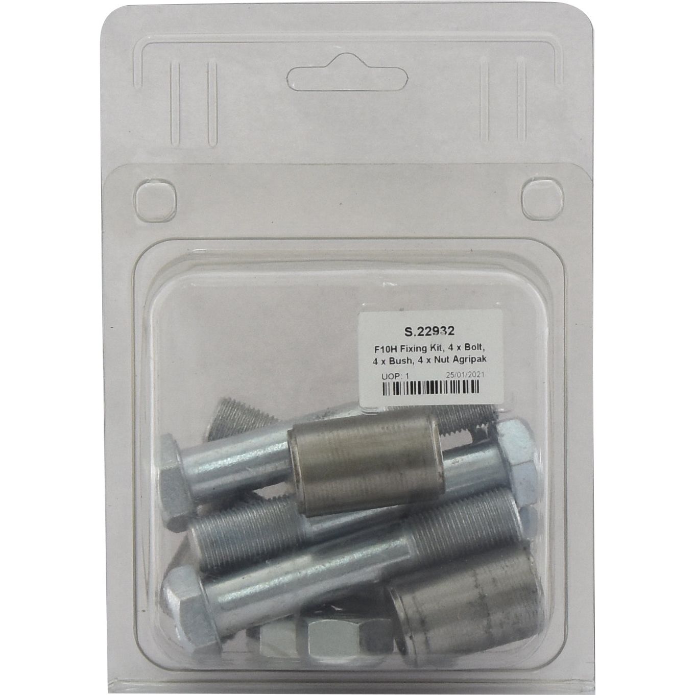 A sealed plastic package containing several metal bolts, nuts, and bushings with a product label indicating "F10H Fixing Kit, 4 x Bolt, 4 x Bush, 4 x Nut (Agripak) | Sparex Part No.S.22932".