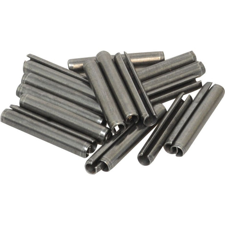 An assortment of metric roll pins, encompassing Ø6mm sizes and totaling 20 pieces, is neatly displayed on a white surface. This collection, known as the Metric Roll Pins Assortment - Ø6mm Agripak (Sparex Part No. S.22935), offers versatile lengths to suit diverse mechanical needs and is brought to you by the trusted brand Sparex.