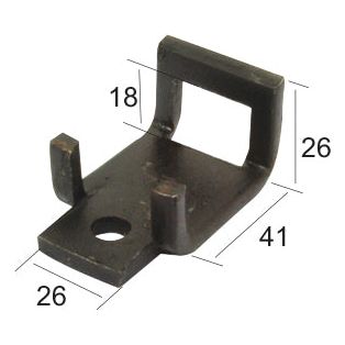 The Sparex S Tine Clamp with helper (25x8mm, Part No. S.22938), designed for a 40x10mm fit, features dimensions of 18mm width, 26mm height, and 41mm length with a base width of 26mm. It includes a rectangular opening and a circular hole on the base, making it perfect for use with Sparex parts on Universal Tractors.