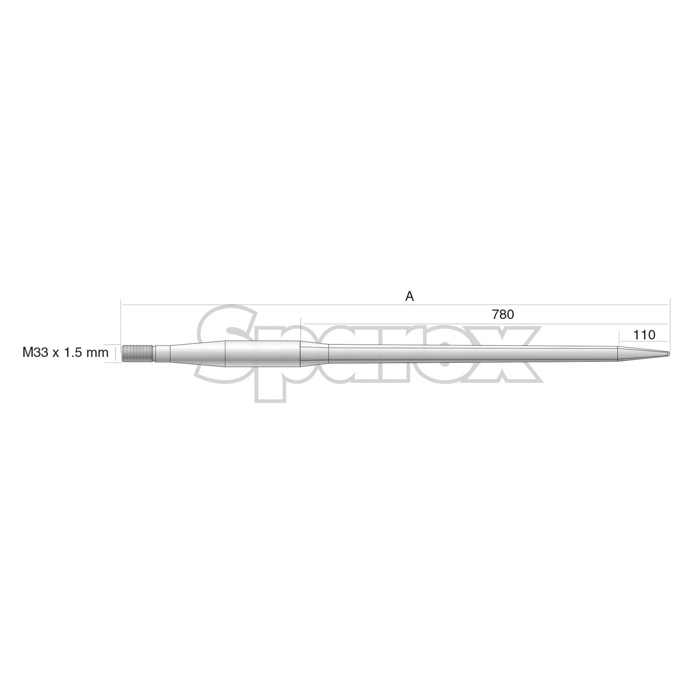 Diagram of a cylindrical rod labeled "Sparex," measuring 1,140 mm in length, with a threaded end labeled M33 x 2.00 mm (Square), and an unspecified section of 110 mm. Designed for integration with Kverneland machinery to achieve maximum torque efficiency.