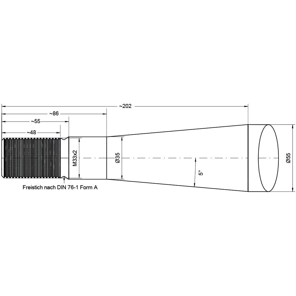 A technical drawing of a Sparex component, the Loader Tine - Straight 1,140mm (S.22945), with specified dimensions and annotations, including a threaded section with an M33 x 2.00 (Square) thread size, a tapering cylindrical body labeled as Conus 3, and a labeling note in German referencing DIN 76-1 Form A.