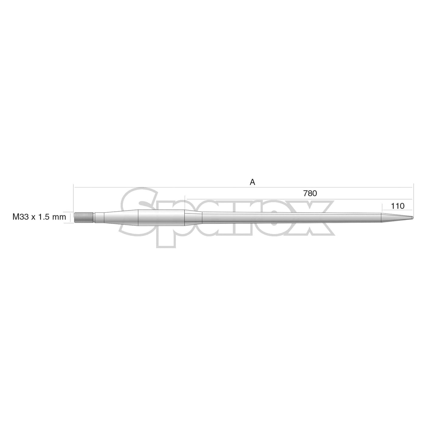 Diagram of a rod labeled with dimensions. The length "A" is 1400 mm, with a portion measuring 110 mm. The thread size is M33 x 2.00 mm (Square). The word "Sparex" is faintly visible in the background, alongside the term 'Loader Tine - Straight' denoting its specific application.