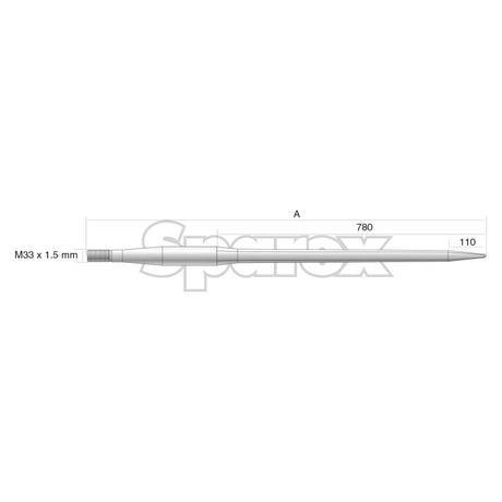 Diagram of a rod labeled with dimensions. The length "A" is 1400 mm, with a portion measuring 110 mm. The thread size is M33 x 2.00 mm (Square). The word "Sparex" is faintly visible in the background, alongside the term 'Loader Tine - Straight' denoting its specific application.