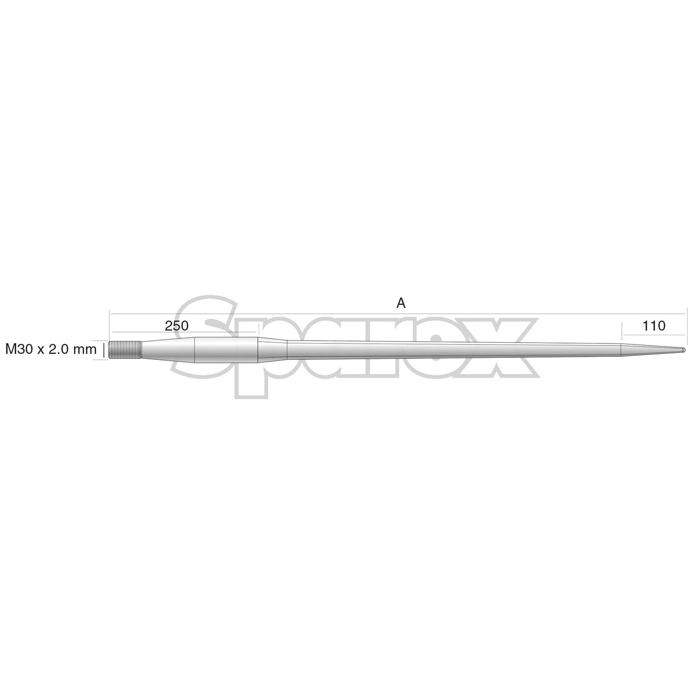 Diagram of a tool labeled "Loader Tine - Straight 810mm," with a pointed end, showing measurements: 250 mm on the left section, 110 mm on the right section, and notation "M30 x 2.00 (Square)." This tool is noted to feature Conus 2 specifications. Brand: Sparex (S.22947).
