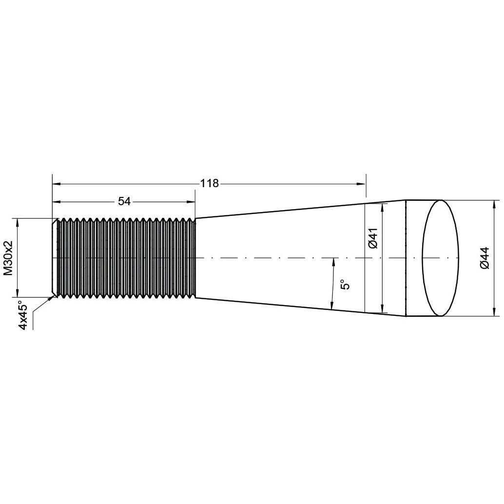 Technical drawing of a Sparex brand, threaded, conical-shaped component with dimensions. The narrower end's diameter is 41mm, the wider end's diameter is 44mm, and its length is 118mm, including the threaded section. Designed for Conus 2 fittings; capable of handling a maximum torque of 700Nm. Product Name: Loader Tine - Straight 980mm, Thread size: M30 x 2.00 (Square) - S.22948