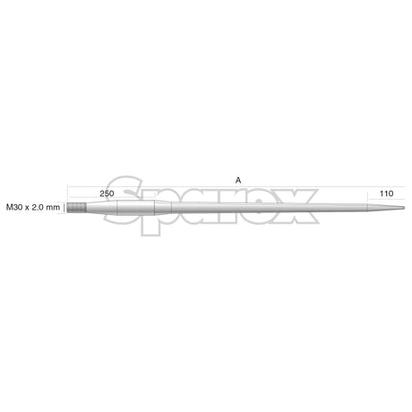 A technical drawing of the **Loader Tine - Straight 1250mm** by Sparex, featuring dimensions and an M30 x 2.00 (Square) thread size on the left side, includes measurement indicators of 250 mm, 110 mm, and length A along its full length of 1250 mm. This loader tine fits as part number **241162M30** and is identified under Sparex Part No. S.22950.