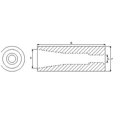 Technical drawing of a Sparex Loader Tine Bush - Ø60 x 165mm (Special Conus) | Sparex Part No.S.22952, with one side shown in cross-section view and the other side in an end-view. Dimensions labelled as A, B, C, and D.