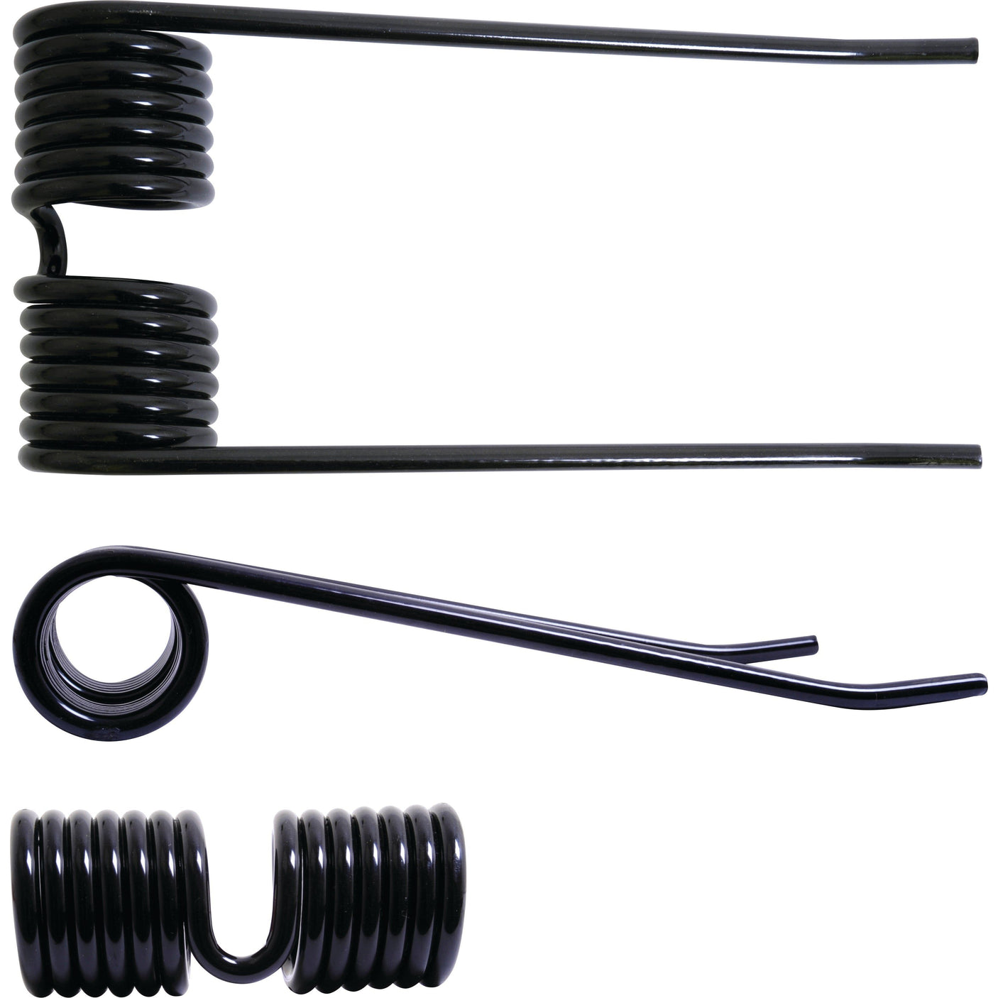 Close-up image of three Pick-Up Tine springs, showcasing different orientations: side view, top view, and end view. All feature tightly coiled loops and extending arms. These Sparex springs are replacement parts for Hesston, Massey Ferguson, New Holland models with a 38mm outer diameter and a 197mm length each.