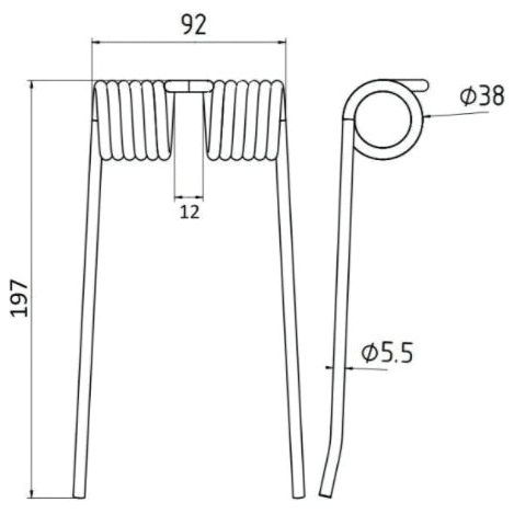 Technical drawing of a Sparex Pick-Up Tine, including its specifications. The Pick-Up Tine has a coiled section measuring 92mm wide and 12mm tall, with a total length of 197mm. The right side view shows the coil with an outer diameter of 5.5mm. This replacement part is compatible with Hesston, Massey Ferguson, and New Holland models under the reference number 700706128 (Sparex Part No.S.22953).