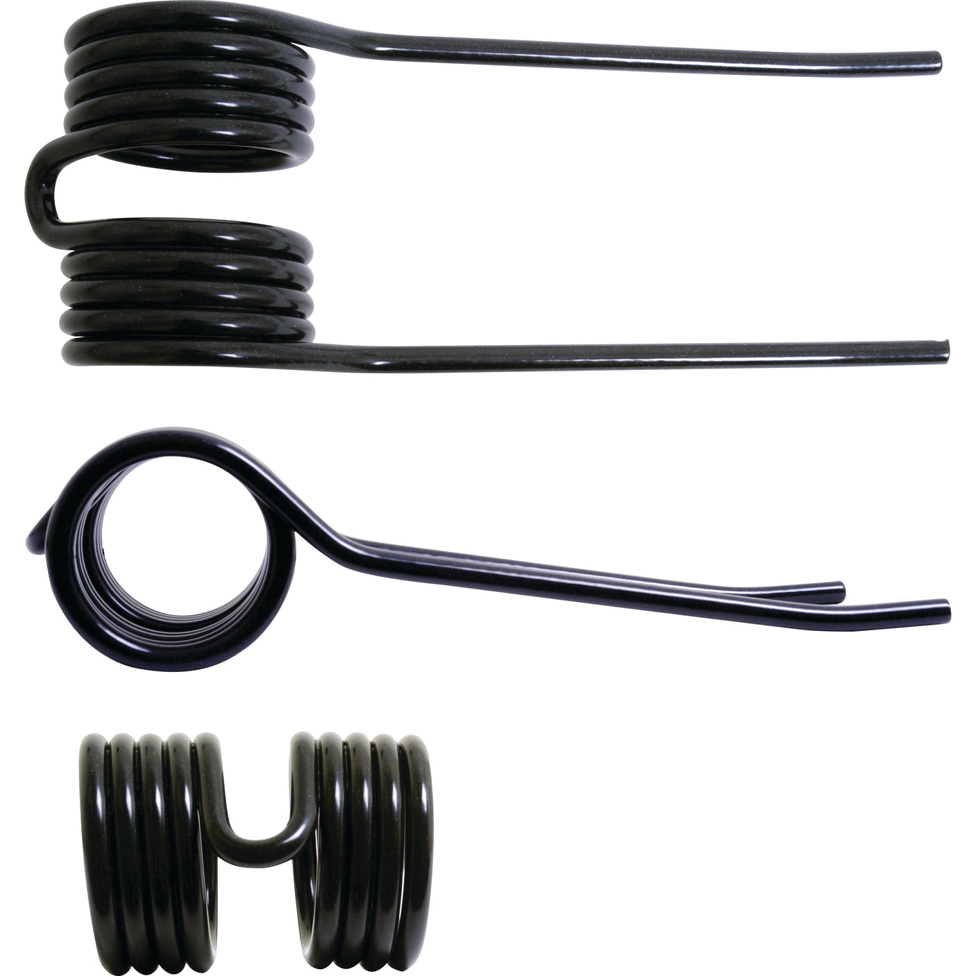 Three types of black torsion springs are showcased: one featuring a right-angled hook, another designed with a single loop and straight ends, and the third consisting of multiple loops and symmetric arms. These high-precision components are standard in Fendt machinery to ensure efficient mechanical performance and can be replaced by the Pick-Up Tine Length:190mm, Width:69mm, Ø5.5mm - Replacement for Hesston, Massey Ferguson To fit as: 700716132 | Sparex Part No.S.22954 by Sparex.