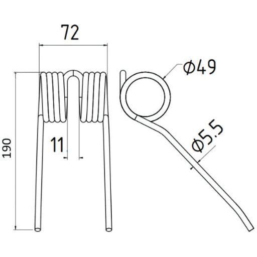 Technical drawing of a Pick-Up Tine with detailed measurements, featuring an overall length of 190 mm, a width of 69 mm, and a wire diameter of 5.5 mm. This precise replacement part is compatible with Hesston and Massey Ferguson machinery, identified as Sparex Part No. S.22954 (700716132).