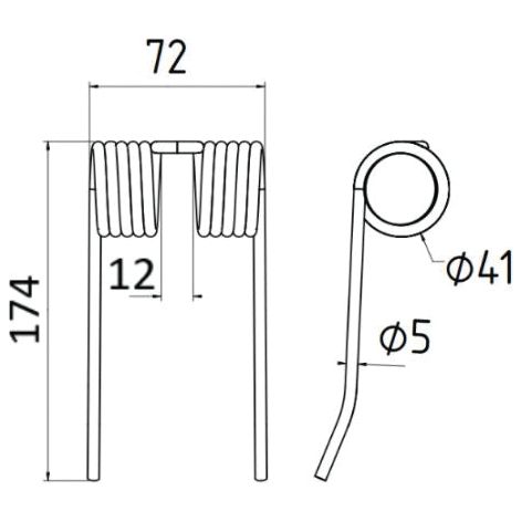 Technical drawing of a pick-up tine, showing two views with dimensions labeled. The tine, compatible with Ford / New Holland 84012422 and Sparex Part No.S.22955, has a length of 143mm, width of 72mm, and wire diameter of 5mm.