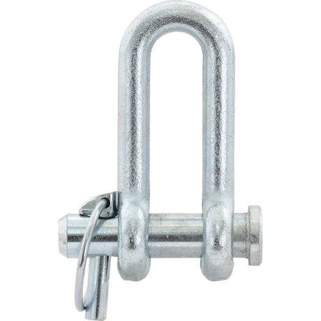 The Sparex D Shackle, Pin⌀19mm with a 21mm jaw width, is made of mild steel and features a securing pin along with an attached safety clip. It is zinc plated for enhanced durability and is ideal for use in connecting components in lifting and rigging applications.