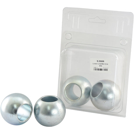 Packaging containing four metallic spherical objects named Lower Link Ball (Cat. 2/2) - S.23005 from Sparex, made from 20Mncr5 Steel, with three spheres placed outside the package and one inside, each featuring a central cylindrical hole.