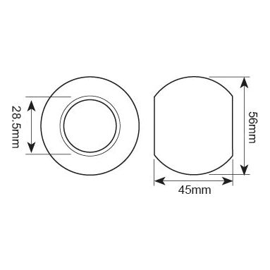 Technical drawing of a circular object made from 20Mncr5 Steel with dimensions: 28.5mm outer diameter, 45mm width, and 56mm height. The inner circle diameter is not specified. For reference to similar parts, see Sparex's Lower Link Ball (Cat. 2/2) - S.23005 specifications.