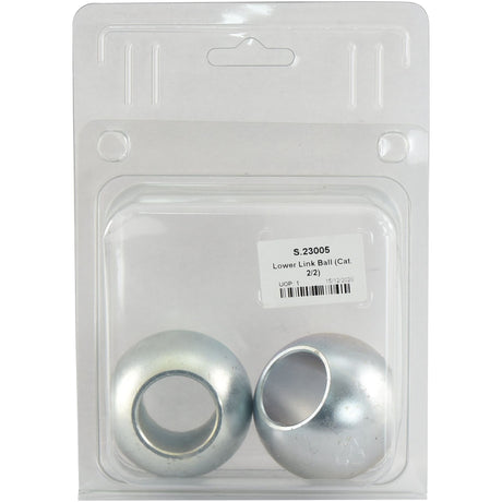 A packaged set of two metal lower link ball joints made from 20Mncr5 steel, labeled "Lower Link Ball (Cat. 2/2)" with product code "Sparex S.23005." The items are enclosed in clear plastic within a cardboard backing from Agripak.