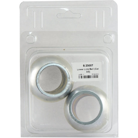 A plastic package containing two metallic Lower Link Balls, labeled with the part number Sparex S.23007 and made from durable 20Mncr5 Steel, is displayed.