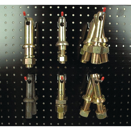 A selection of brass and steel nozzles with threaded ends, mounted on a perforated display board, featuring different sizes and configurations, includes the Sparex Lower Link Implement Mounting Pin - Dispenser Kit (Cat. 1), Display Box 18 pcs. (Sparex Part No.S.2300) for versatile use in any Implement Attachment project.