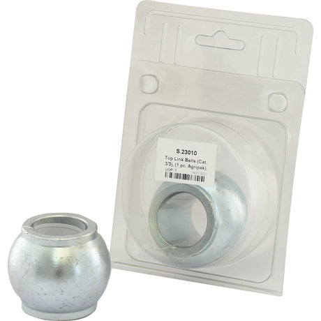 The Sparex Top Link Ball (Cat. 3/3), S.23010, is made from durable 20Mncr5 Steel for long-lasting performance and reliability. It comes in clear plastic Agripak packaging with an identical ball placed outside.