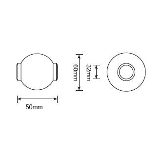 Technical drawing of the Top Link Balls (Cat. 3/3), (1pc. Agripak) - S.23010 from Sparex, made from 20Mncr5 Steel with specific dimensions. This circular object measures 50mm in width, 60mm in height, and has a central hole with a diameter of 32mm. The drawing includes top, side, and front views for detailed reference.
