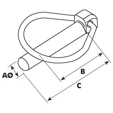 Line drawing of the Pear Linch Pin with dimensions labeled AØ, B, and C. The pin features a circular handle and a cylindrical body, often used in lower link quick release cone assemblies. Product: Pear Linch Pin, Pin Ø 12mm x 52mm (2 pcs. Agripak) | Sparex Part No.S.23013 by Sparex.