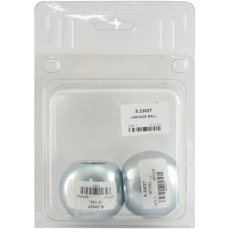 A clear Agripak package containing two metallic linkage balls made from 16MnCr5 Steel, branded as "Sparex" and labeled with the product name "LINKAGE BALL - S.23027," complete with barcodes and Sparex product information stickers.