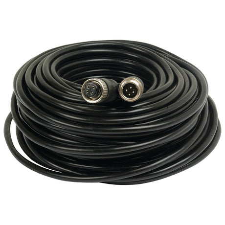 The Wired Camera Extension Cable 10m (Sparex Part No. S.23032) from Sparex features a coiled black cable with male and female connectors at each end, making it perfect for extending wired camera setups.