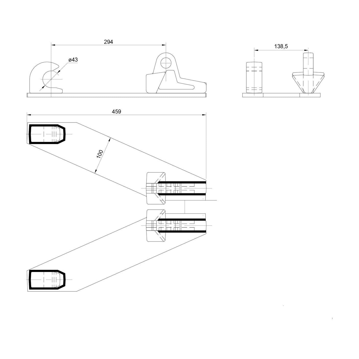 Technical drawing showing various views and dimensions of the Loader Quick Attachment Bracket - S.23038 from Sparex, with precise measurements in millimeters, compliant with Euro-Norm standards.