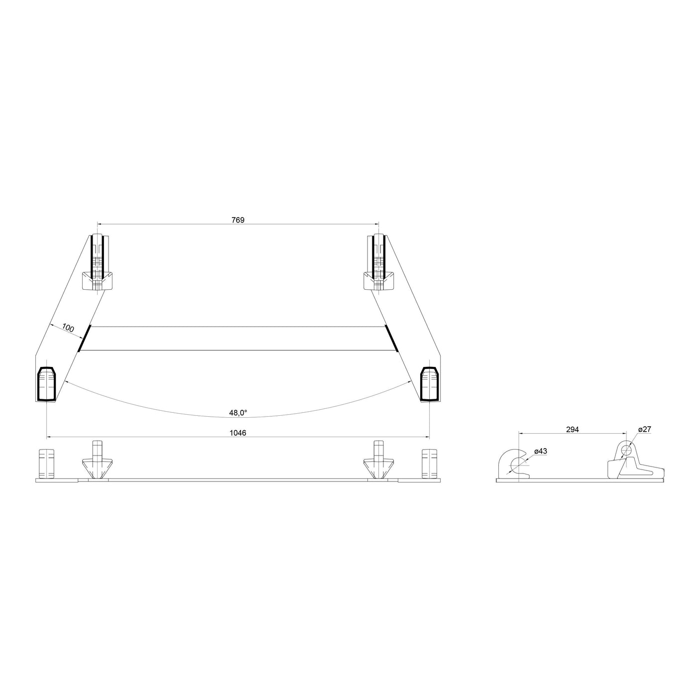 A technical drawing showing front and side views of a structural assembly with dimensions marked in millimeters, featuring the Sparex Loader Quick Attachment Bracket (Sparex Part No. S.23039), designed to Euro-Norm standards.