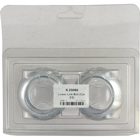 A clear plastic packaging containing two lower link balls labeled "Lower Link Ball (Cat. 2/3) - S.23058" from Sparex, featuring an ID of 1 7/16" and a width of 1 11/16". The manufacturing date is 23/11/2019.