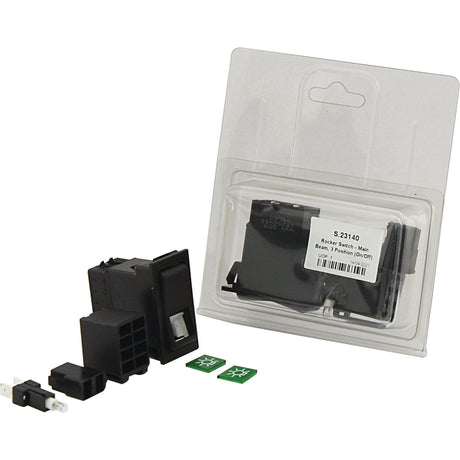 A Rocker Switch - Main Beam, 3 Position (On/Off) in black by Sparex (S.23140), featuring two green buttons, a small bulb, and various additional small parts, all presented alongside clear plastic packaging.