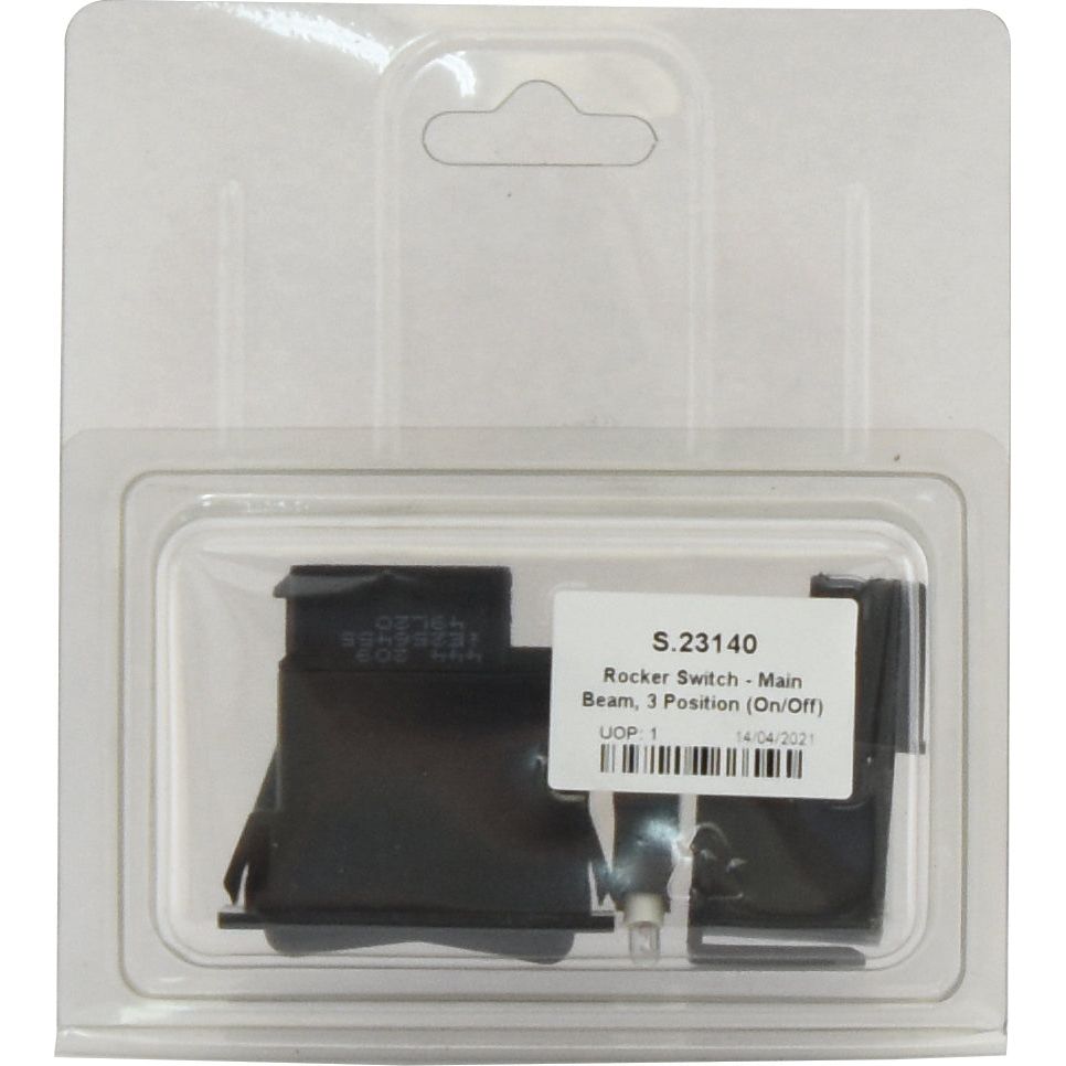 A packaged rocker switch labeled "Rocker Switch - Main Beam, 3 Position (On/Off) - S.23140" from Sparex is shown. This IP65-rated switch is designed for durability and reliability in various conditions, making it ideal for a range of applications including 12V DC systems.