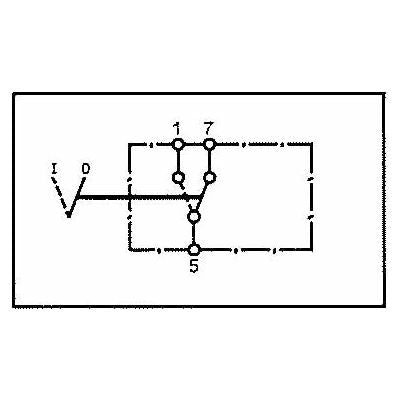 A schematic diagram showing a circuit with a 12V DC voltage source labeled "I" and "0", connected to a rectangular arrangement of junctions labeled "1", "5", and "7", featuring the Rocker Switch - Dipped Beam, 2 Position (On/Off) by Sparex, model S.23141.