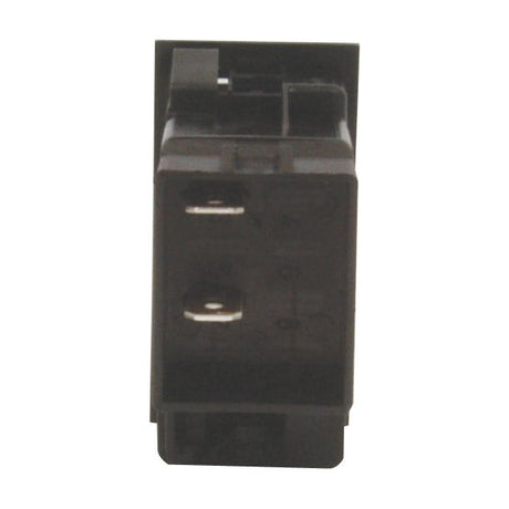 Front view of the Sparex Rocker Switch - Work Lights, 2 Position (On/Off) - S.23142, featuring a black rectangular plastic housing with two visible metal pins inside, functioning as a 12V switch.