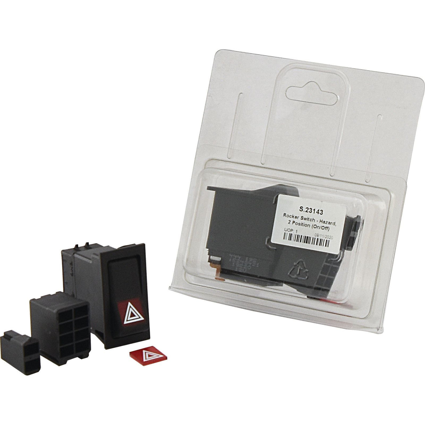 The Rocker Switch - Hazard, 2 Position (On/Off) - S.23143 by Sparex, featuring a red triangle hazard symbol, is shown next to the 12V DC switch and two smaller components outside the packaging.