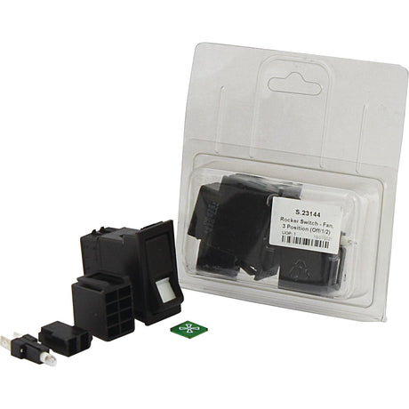 Image of a packaged black rocker switch labeled "Rocker Switch - Fan, 3 Position (Off/1/2) - S.23144" under the Sparex brand, with additional components placed outside the package. This 12V DC latching switch is designed for reliability and convenience in various applications.