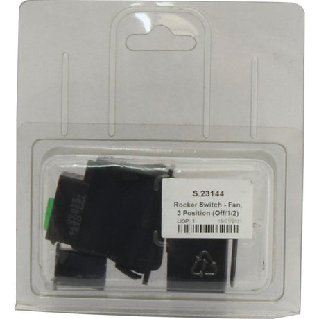 The Sparex Rocker Switch - Fan, 3 Position (Off/1/2) - S.23144 is a packaged latching switch designed with an IP65 rating for durability, offering three positions: Off, 1, and 2.