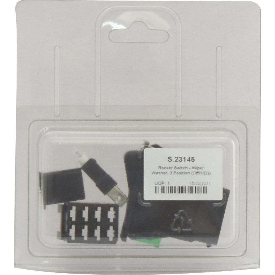 A packaged rocker switch labeled "Rocker Switch - Wiper Washer, 3 Position (Off/1/(2)) - S.23145" from the brand Sparex is enclosed in a clear plastic clamshell with the manufacturing date and an IP65 rating.