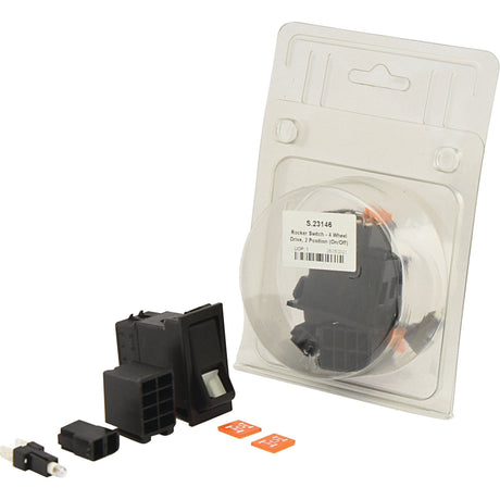 The Sparex Rocker Switch - 4 Wheel Drive, 2 Position (On/Off) - S.23146 is a latching switch with four terminals, rated for 12V DC. The package also includes additional components such as a small connector and two orange labels.